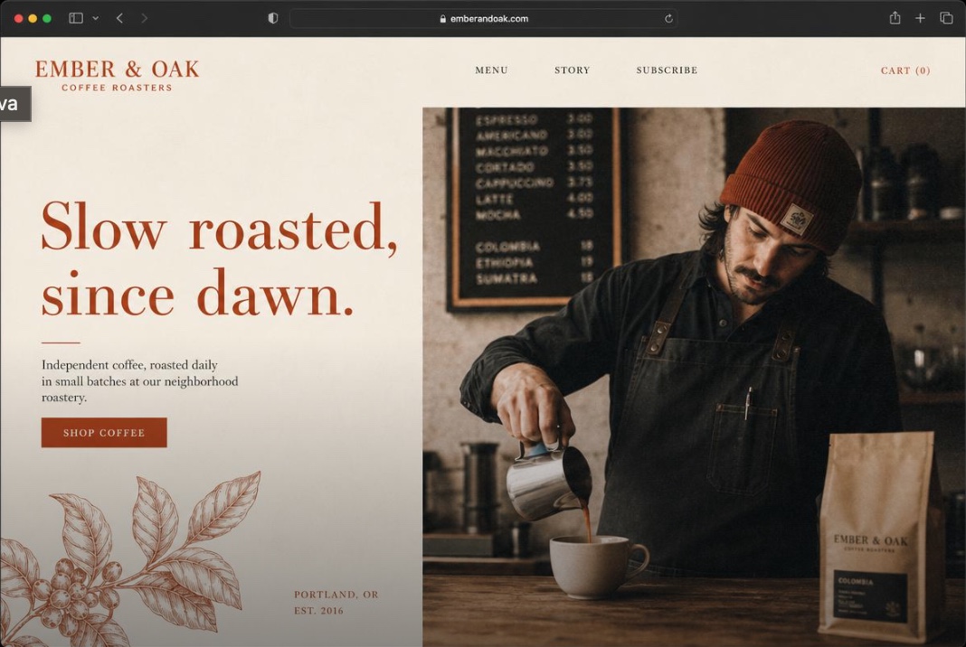 Ember & Oak website design preview — Independent coffee roastery — Portland, OR